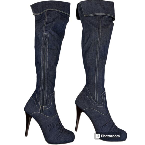 Herstyle Boots Womens Size 8 Blue Denim Thigh High Dreama High Heel - Picture 1 of 10